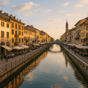 Atardecer en los canales Navigli de Milán con reflejos dorados – Viajeros por el Mundo
