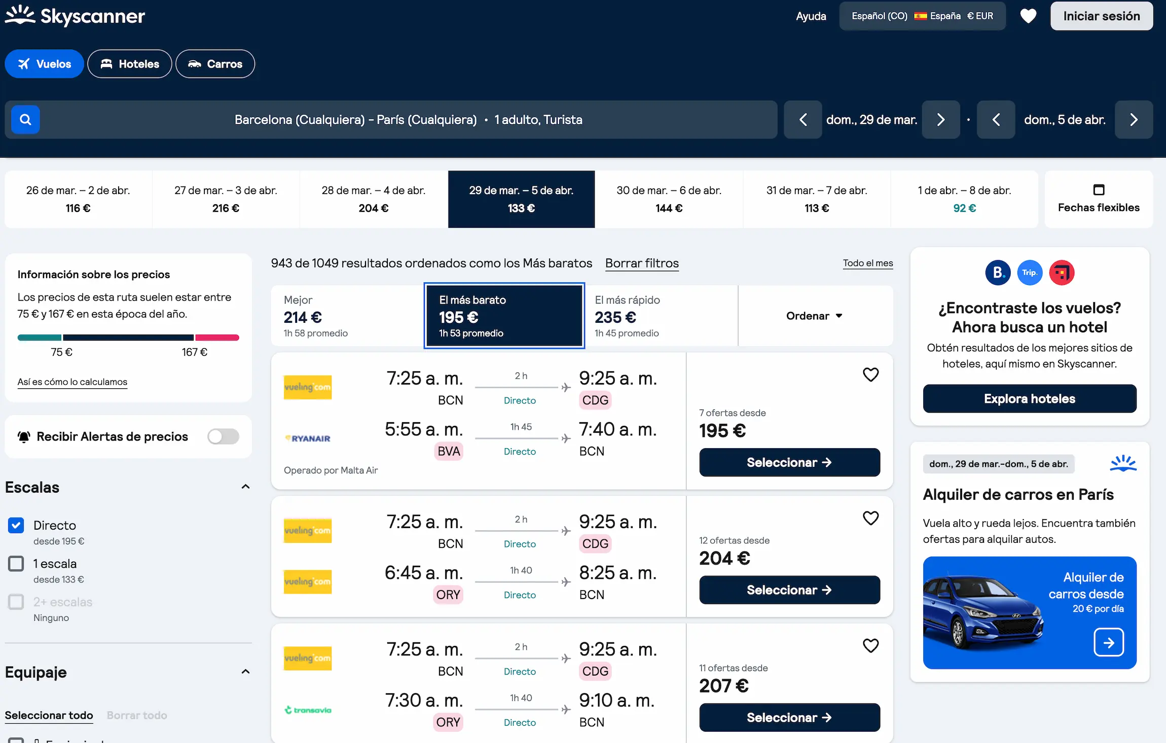 vuelo barcelona paris 195 euros directo vueling ryanair semana santa 2026 skyscanner - Los Viajeros por el Mundo