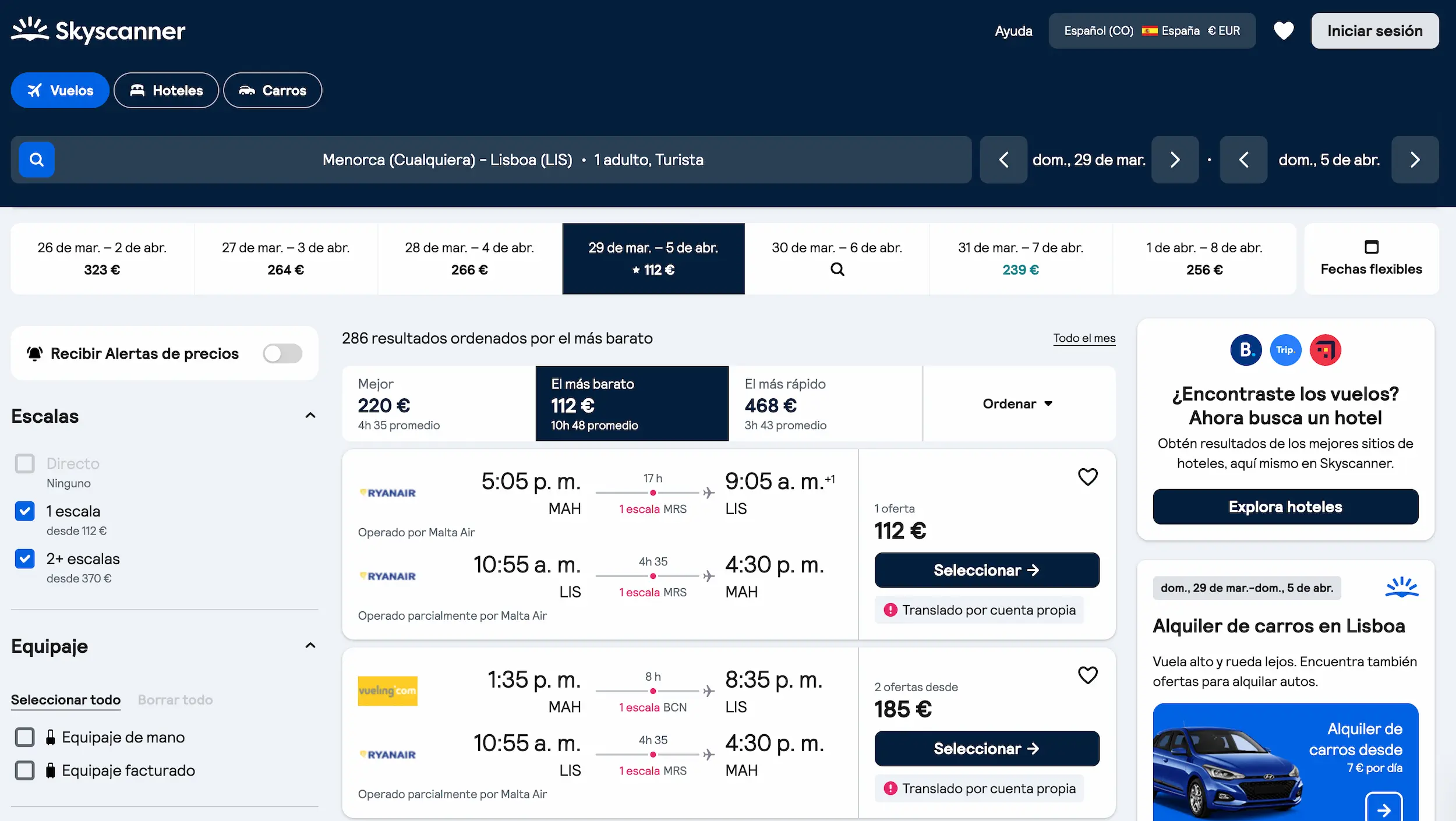vuelo menorca lisboa 112 euros con escala ryanair semana santa 2026 skyscanner - Los Viajeros por el Mundo