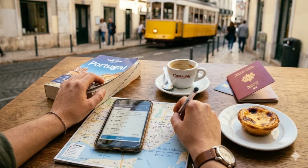 manos sosteniendo mapa con Lisboa de fondo Semana Santa 2026 - Los Viajeros por el Mundo